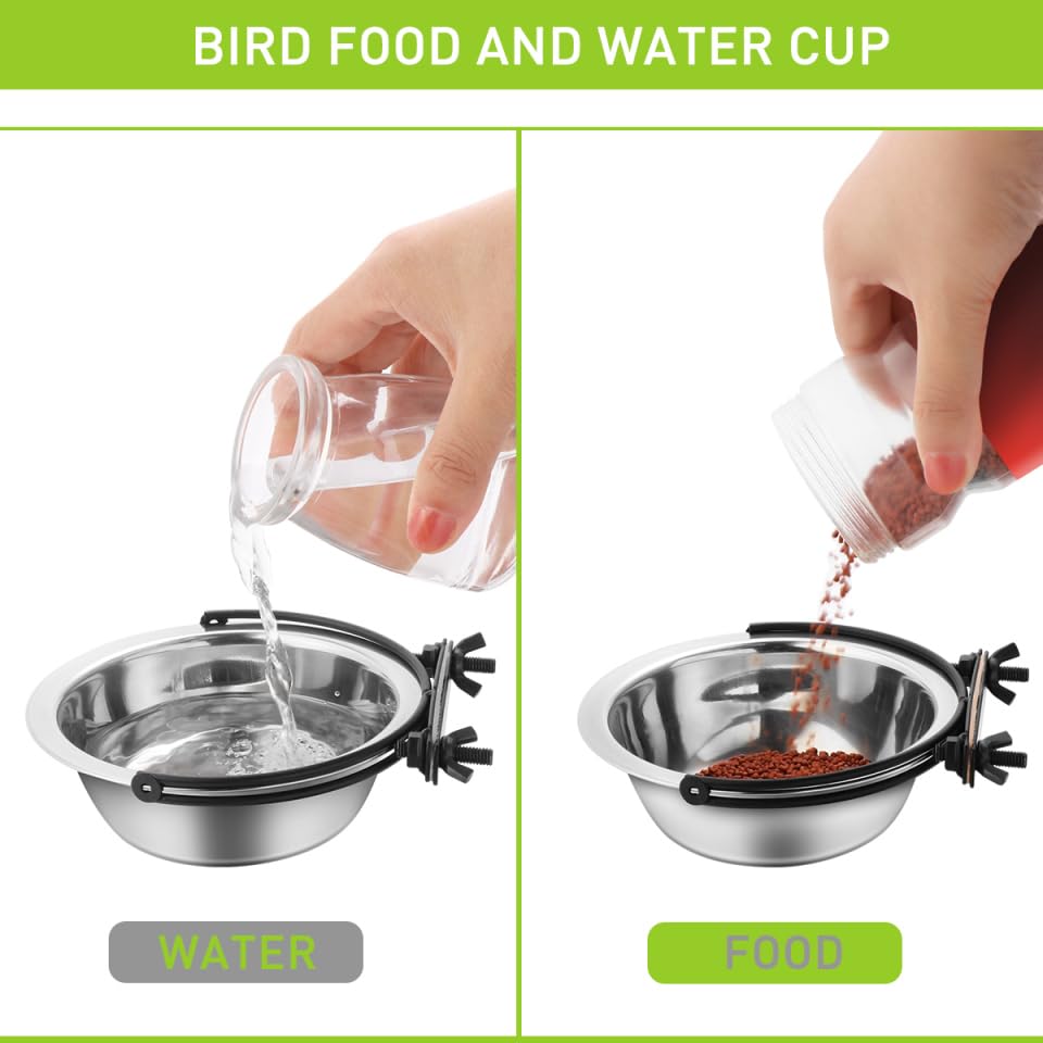 Small Bird Feeding Dish Cups 3.1In 12oz Stainless Steel Rust-Proof Parrot Cage Feeders with Clamp Holder Quick-Detach for Seed & Water, Fits Cockatiel Parakeet Macaw Finches Lovebirds