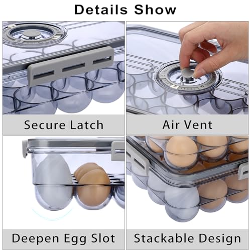 BTSKY Premium Plastic Egg Holder for Fridge - 24 Egg Refrigerator Container, Organizer with Time Reminder and Lid - size: Large-hold 24 eggs