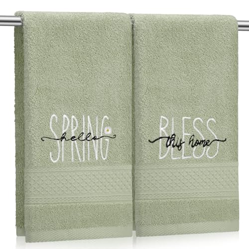 SmoothNovelty 2 Pcs Hello Spring Hand Towels for Bathroom Decor 14x29 Inch | Embroidered Bathroom Hand Towels, 100% Cotton, Soft Absorbent, Bless This Home, Bathroom Kitchen Decor - style: Hello Spring