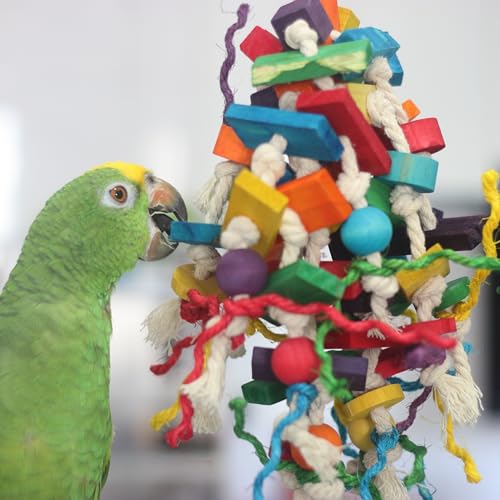 Colorful Parrot Chew Toy for Aggressive Chewers (Large) | Durable Bird Toy with Wood Blocks & Cotton Rope, 37cm Hanging Foraging Toy for Small to Large Parrots