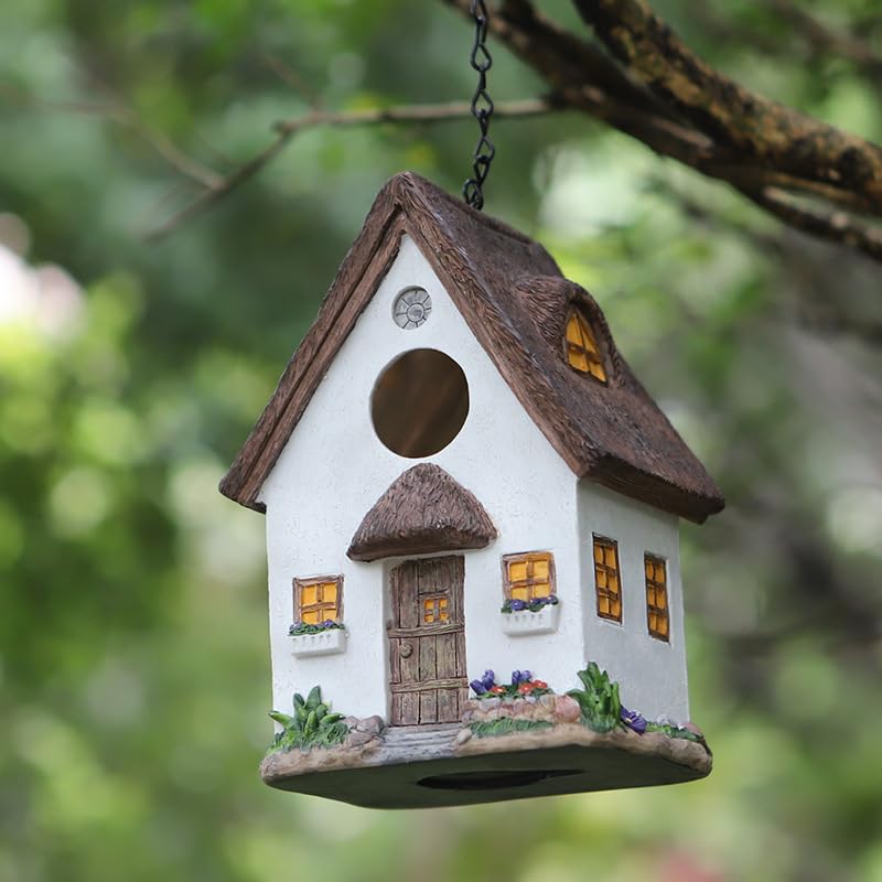 Hanging Bird House for Outside, White Resin Bluebird House with Hanging Chain, Waterproof & Practical Forest Bird Houses, Decorative Stone Hanging Birdhouse for Yard Garden Outdoor Decor - style: White