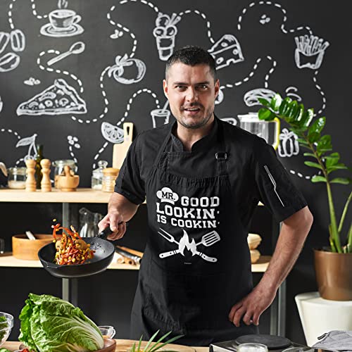 VAGAVY 100% Cotton, Black Funny Aprons for Men, Dad, Husband - Birthday, Father’s Day Grilling Gifts for Papa, Husband. - color: Mr Good Lookin is Cookin - Black