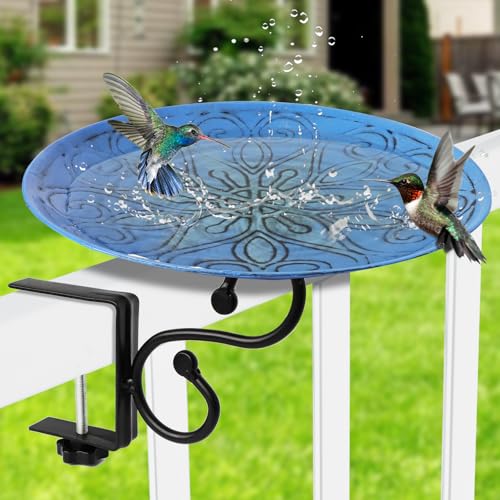 PFNRTH Bird Bath Deck Mounted Bowl 12 Inches for Garden Outdoor Yard Décor | Metal Blue Patterned Balcony Railing Bird Bath
