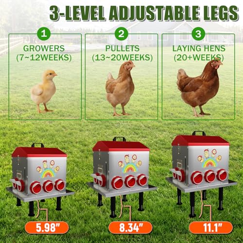 StellarStar 85LB Large Automatic Chicken Feeder with Window | 10 Ports, No-Waste Tray, Adjustable Legs & Locking Lid, Rust-Proof Metal, Waterproof Poultry Feeder for Chickens/Ducks/Geese