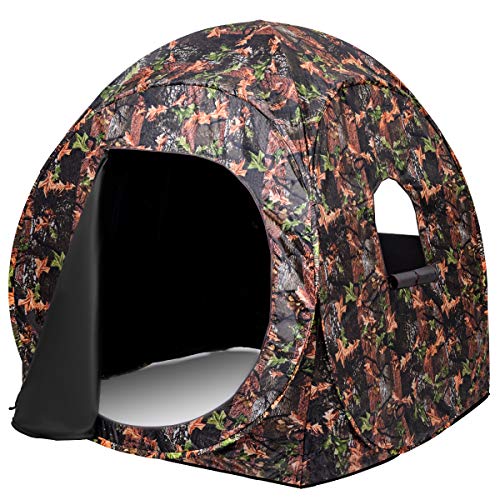 Tangkula 3 Person Pop up Ground Blind, Portable Hunting Blind with Mesh Windows, Carrying Bag & Ground Stakes, Camouflage Hunting Tent with Hub System, Camo Deer Blinds for Hunting - style: Oval Window