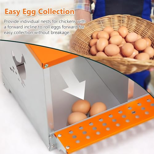 4-Bay Metal Nest Box for Chickens Wall Mount, Galvanized Steel Hen Laying Box with Hen-Shaped Vent Holes, Includes Coconut Fiber Pad, Easy to Clean & Assemble (Orange/Silver) - size: 42.5” L x 17” W x 15” H
