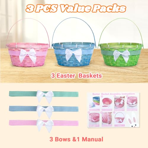 3 PCS Easter Bamboo Baskets Gift with Bow Ribbon and Handle, Woven Easter Eggs Hunting Bucket, Wicker Candy Toys Storage BucketBaskets with Handle for Picnic, Party Favors