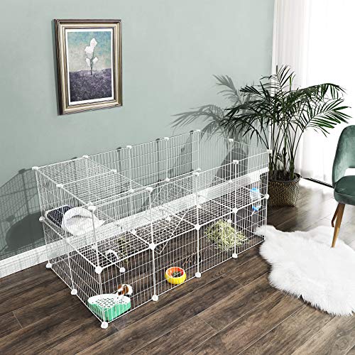 SONGMICS 36 Panels Pet Playpen, Small Animal Playpen, Rabbit Guinea Pig Cage, Zip Ties Included, Metal Wire Apartment-Style Two-Story Pet Premium Villa for Bunnies Puppies, Indoor Use, White ULPI02W - color: White, size: 56.3"L x 28.7"W x 28"H
