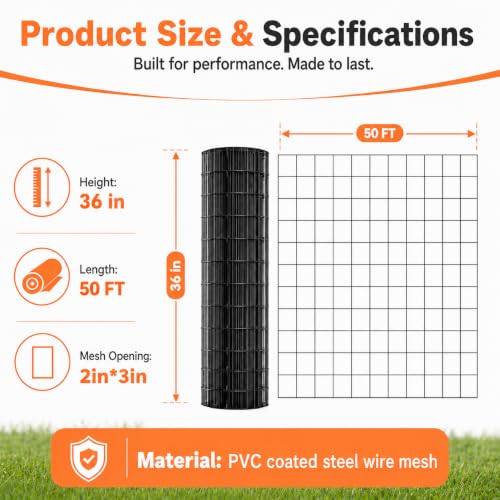 (36 in x 50 ft) Welded Wire Fence Roll 16GA Black Coated Steel Wire Mesh, Heavy Duty Garden Fencing for Dog Fence, Poultry Enclosure, Vegetable Garden & Flower Border - size: 36 in x 50 ft