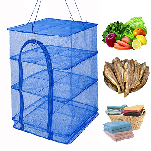 Drying Rack 4 Layers Folding Mesh, Foldable Nylon Netting, Hanging Drying Net, for Shrimp, Fish, Fruit, Vegetables, Herb, with Zipper Opening - Blue (25.59X13.78X13.78 in) - size: 4 Layers