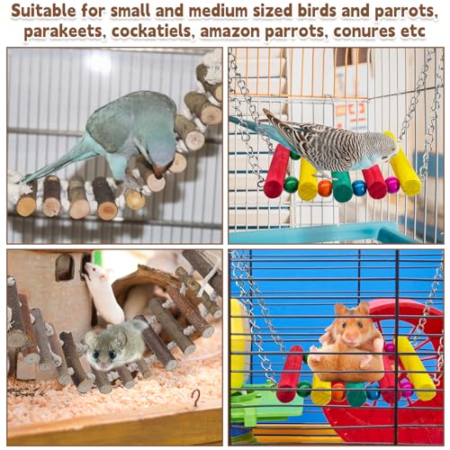 PINVNBY Bird Parakeet Toys, Bird Rope Ladder Swing Hammock Toys, Made of Natural Wood and Rope, Parakeet Cage Accessories for Parrot Budgie Conure Cockatiel (2 PCS) - color: Brown