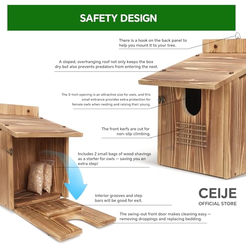 CEIJE Owl Houses for Outdoors, Large Barn Owl Nesting Box, Durable Carbonized Wood for Natural Waterproofing, Assembly Required