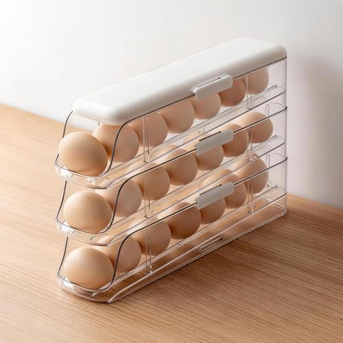 PAVSTINE 3-Tier Auto Rolling Egg Holder with Lid for Fridge, Clear | Stackable Egg Dispenser, Large Capacity Holds Up To 21 Eggs, Refrigerator ＆ Kitchen Countertop Storage - size: 3-Tier with Lid