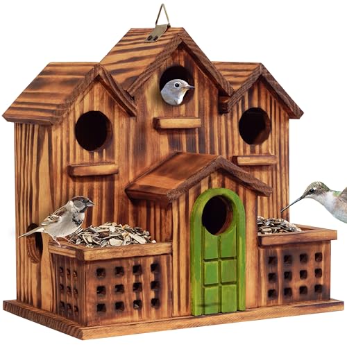 MIXUMON Bird House Outdoor with Feeder, 6-Room Wooden Birdhouse for Outdoors & Outside, Carbonized Pine Wood Bird Houses with 1.57” Entrance & Easy Clean-Out Doors (Green Door) - color: Green Door