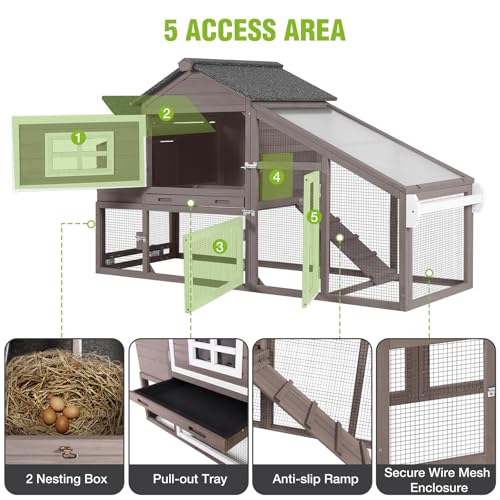 GUTINNEEN Large Chicken Coop with Wheels, Expandable Mobile Outdoor Chicken House, Hen House Poultry Cage with Nesting Box, Leakproof Pull-Out Tray & UV-Resistant Roof – Brown - color: (Brown)