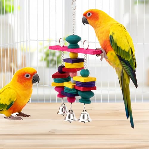 Hypeety Parrot Hanging Swing Bells Chew Toy Colorful Hanging Wood Block Natural Birds Toy for Parrot Macaw African Greys Cockatiels Budgies Conure Cage - color: Wooden Hanging Swing