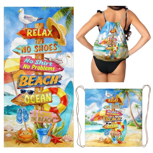 Funny Beach Towel Backpack 2 in 1 Colorful Print Convertible Drawstring Towel Bag for Beach Lover - color: Love Beach Multi