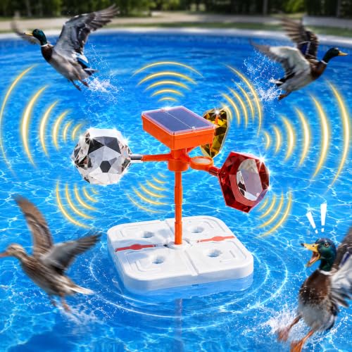 YouTeMei Solar Powered Pool Bird Frightening Tool with Rotating Reflective Lenses & Sound Function, Water-Filled Rubber Floating Base for Pool Pond Lake Boat Garden