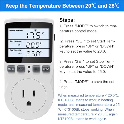 KETOTEK Digital Temperature Controller Thermostat Outlet Plug 120V with LCD Backlight, Heating Cooling Temperature Controlled Outlet 110V 15A with 3m Sensor - style: Backlit Style