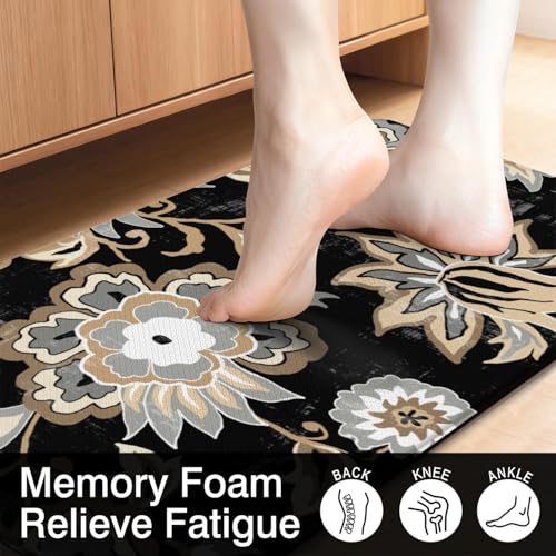 Boho Floral Anti Fatigue Kitchen Rugs, 17.3"x47"+17.3"x29" | Non Slip Comfort Washable Waterproof Black Paisley Farmhouse Bohemian Decor Mat for Floor, Set of 2 for Home, Sink, Laundry - color: Black Paisley Floral