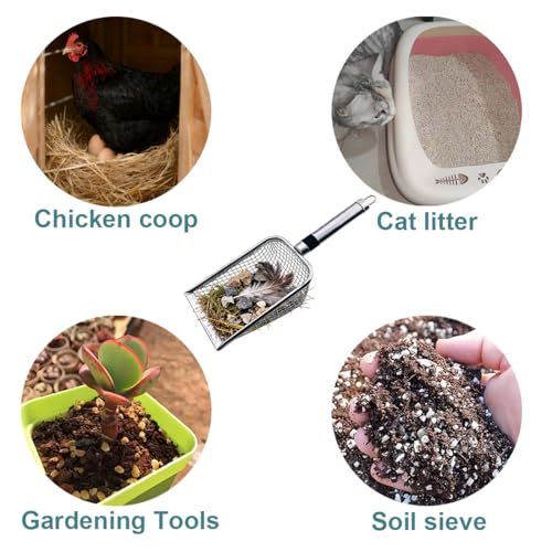 Chicken Poop Scooper, 2pcs Lightweight Sturdy Metal Scoop & Rake with 3.8mm/5mm Mesh for Small Coops, Easy Sifting Sand & Waste, Essential Backyard Poultry Cleaning Supplies