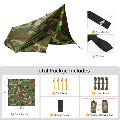 FREE SOLDIER Waterproof Camping Tarp Shelter Awning | Lightweight, Compact, Quick Setup, Waterproof Sun Shelter Campingtarp,For Backpacking, Beach, Travel and Outdoor Activities - color: Camo 10×10.5ft