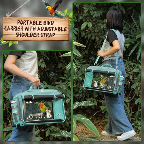Bird Carrier Airline Approved, Bird Travel Cage with Indestructible Stainless Steel Mesh, Bird Travel Bag Lightweight and Portable with Water Bottle and Bowl - color: Green