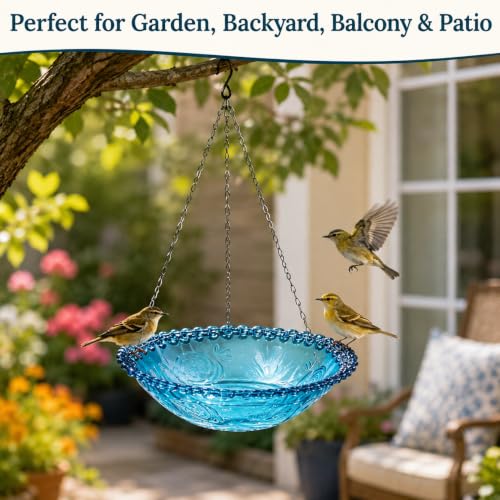 4-Pack Plastic Hanging Bird Bath and Feeder Bowls, Blue | Four hanging bowls serve as shallow bird baths, water dishes, or seed trays for gardens, patios, yards, and balconies. - color: 4Pack Blue