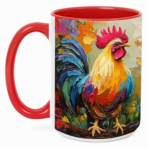 Colorful Rooster Coffee Mug, Farmhouse Chicken Mug, Rustic Kitchen Morning Theme, Impasto Style Barnyard Bird Artwork, Red Accent Ceramic 15 oz Double Sided Drinkware Cup for Home Use - color: Rooster 15Oz