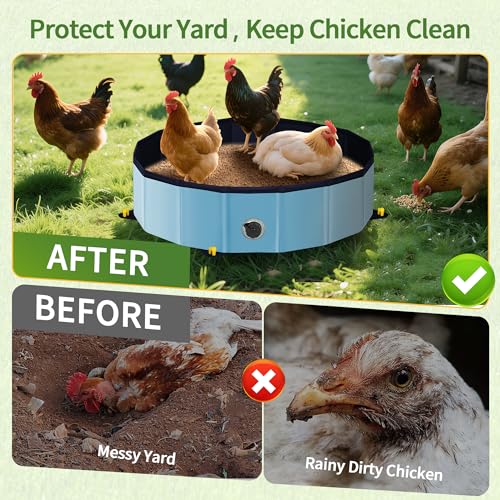Chicken Dust Bath Tub - 32"D & 8"H Foldable Chicken Coop Accessories to Mix Sand Chilli DE Or Lime Dust in Chicken House, Keep Poultry Hens, Rooster, Button Quail Healthy & Clean, Double as Duck Pool