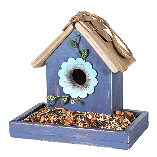 Bird Feeder House for Outside Hanging, Wooden Birdhouse Bluebird House Feeder Handcrafted Hut - color: 1-Blue