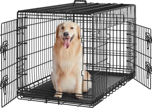 Yaheetech 42inch Double Door Dog Crate w/Divider, Collapsible Metal Kennel | Heavy-duty Sturdy Metal Frame, Easy Assemble, Fold Up for Travel, Removable Tray, Ideal for Puppies, Medium to Large Dogs - size: 42" L
