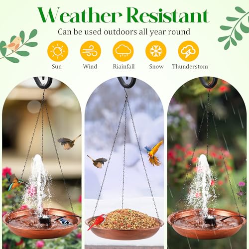 Bird Bath Fountain for Outside, Metal BirdBath Bowl with 8W Pump (Hanging | 24.8 Extra Large Hanging, Copper Metal Bird Bath Bowl with Adjustable 3 Water Flow Modes and 2 Spray Nozzles, Birdbath Feeder - style: Hanging