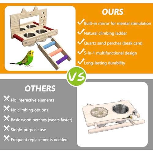 Tfwadmx Bird Food Stainless Steel Cups Wooden Perch Stand with Ladder Hanging Feeder Bowls Feeding and Watering Supplies for Parakeets Conures Cockatiels Budgie Parrot - size: Style 2
