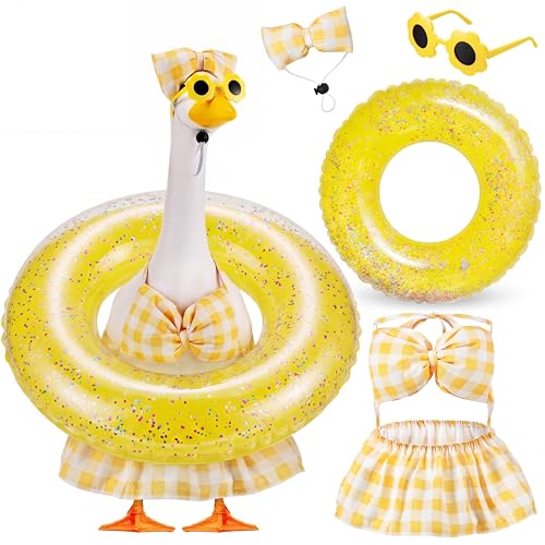 Bikini Porch Goose Outfits with Sunglasses and Swimming Tube for 23" Summer Goose Costume Garden Patio Statue Decor(Yellow Plaid) - style: Yellow Plaid
