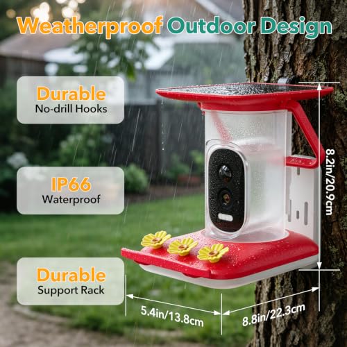 Smart Hummingbird Feeder with Camera, All-in-One Integrated Solar Roof – No Wires, 2.5K HD Color Night Vision, AI Identified Solar Hummingbird Feeder, Leakproof Design Hummingbird Feeders for Outdoors