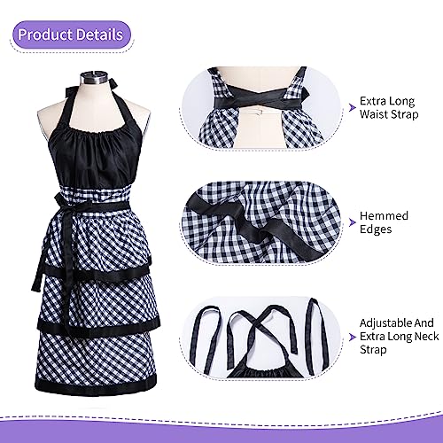 Lovely Flower Pattern Retro Aprons With Large Pockets for Women Girls Cooking Kitchen Bakery Mother's Gift - color: Black Plaid