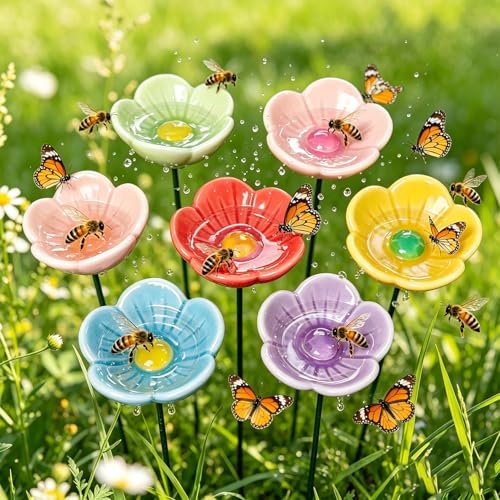 6pcs Ceramic Mini Pollinator Watering Station for Garden Flower Shaped bee & Butterfly Water Drinking Cups Bath Feeder Outdoor Garden Stake Decor