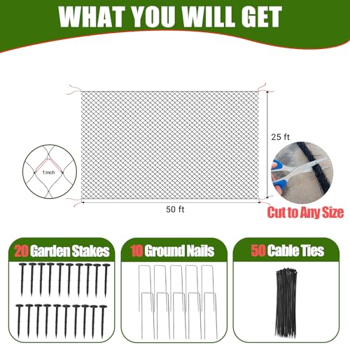 Anti-Bird Netting for Garden Chicken Coops - 1" Mesh Garden Netting Over Garden Hoops, Poultry Roof Netting, 25x50 ft Black Netting for Blueberry Bushes, Fruit Trees, Plants Against Squirrels - size: 1", 25' x 50'