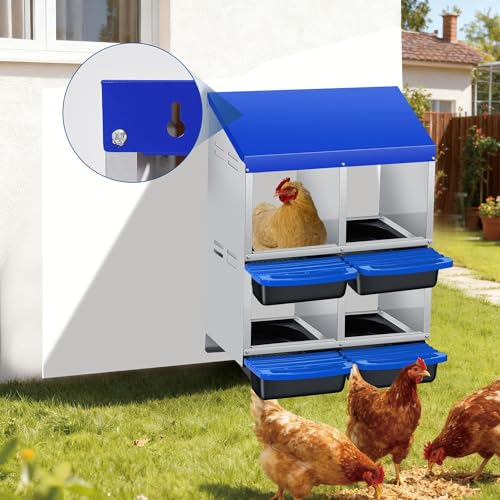 4 Hole Chicken Nesting Boxes, Weatherproof Galvanized Steel Chicken Egg Laying Box with Automatic Rollout Egg Collection, 2-in-1 Handle Perch, Easy Clean & Quick Assemble for Chicken Coop - color: Blue, size: 4 holes 2 layers
