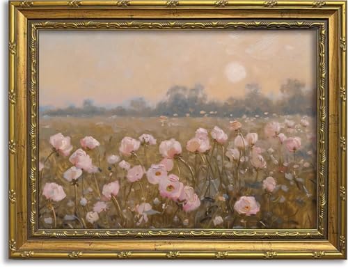 DR.RiftArt Vintage Flower Pink Landscape Wall Art Floral Wall Decor | Pastel Wildflower Rustic Farmhouse Canvas Picture Painting Print for Bedroom Living Room Office 12x16 inch Gold Framed - color: Pink Wildflower, size: 16"L x 12"W
