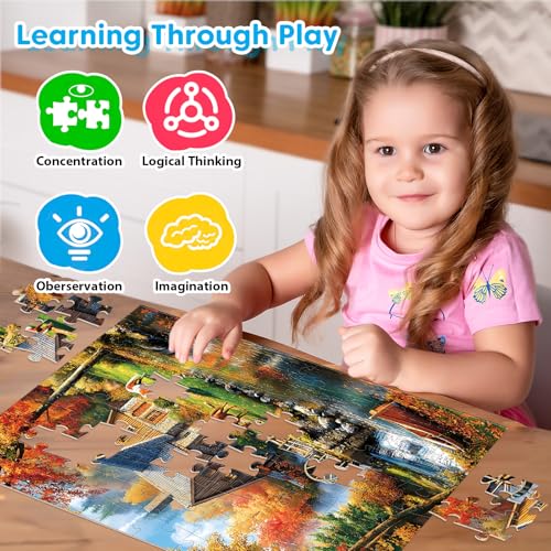 4 Pack 100 Piece Puzzles, Large Piece Jigsaw Puzzle for Kids Ages 5-8 | 4 Themed Landscape Puzzle Set Educational Toys for Girls Boys, Fun Learning Activity Puzzle Games for Children Ages 4-10 - style: Swan Lake Autumn Forest Cabin Lighthouse