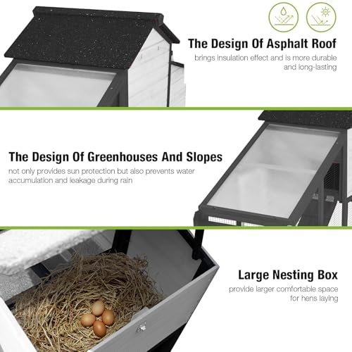 GUTINNEEN Chicken Coop Mobile Chicken House On Wheel Outdoor Rabbit Hutch for 2-4 Chickens 67"(Black and White) - color: Black and White