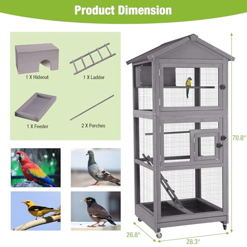 GUTINNEEN Large Bird Cage Outdoor Wooden Aviary Indoor on Wheels, with Play Stand, Perches, Nest Habitat & Wire Mesh Tray for Easy Cleaning