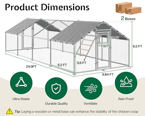 26x10 FT Extra Large Walk-in Chicken Coop with Spire Roof Cover | Front and rear doors, feeding door, roosting ladder and galvanized frame support easier poultry care and access - size: 298.4"L x 118.1"W x 77.6"H