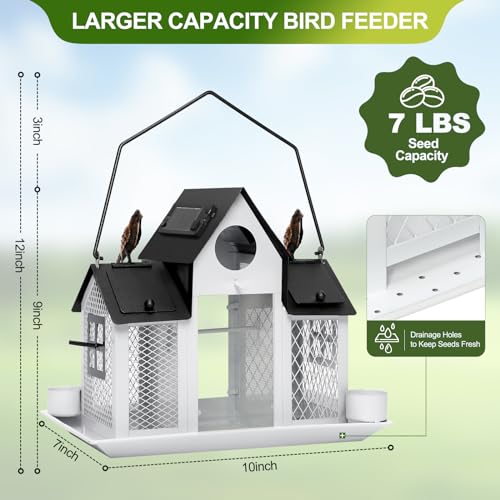 Solar Bird Feeders for Outdoors Hanging, Bird Houses for Outside | White,Wild Metal Bird Feeder,7LBS Large Capacity with Water Cup,Squirrel Proof Cardinal Bird feeder,Gift for Bird Lovers - color: White