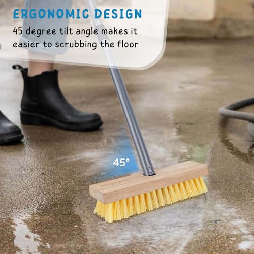 Floor Scrubber Brush with Long Handle for Deck Cleaning, 52'' Stiff Bristle Scrub Broom for Shower, Bathroom, Boat, Concrete, Carpet, Garage - color: Yellow