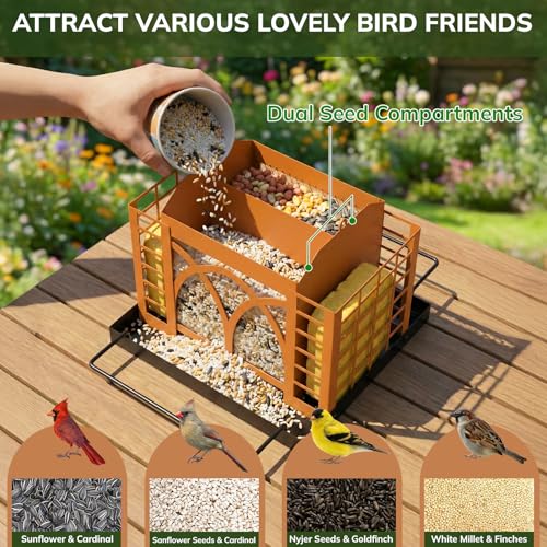Bird Feeders for Outdoors Hanging, Metal Bird Feeder with Double Suet Cage Weatherproof Metal Roof, 3.5Lbs Large Capacity Great for Attracting Finch Cardinal Chickadee Wild Birds, Pinecone Brown - color: Pinecone Brown