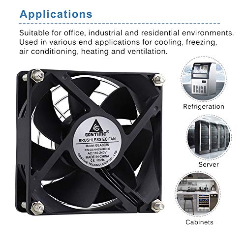 GDSTIME 80mm EC Axial Fan AC 110V 120V 220V Brushless Cooling 80mm x 25mm | AXIAL 8025, Muffin Fan, 80V-240V, 2.5W Low Power, ON/OFF Switch, for Incubators, Tube Amp, DIY Ventilation Exhaust Projects - size: 80x80x25mm