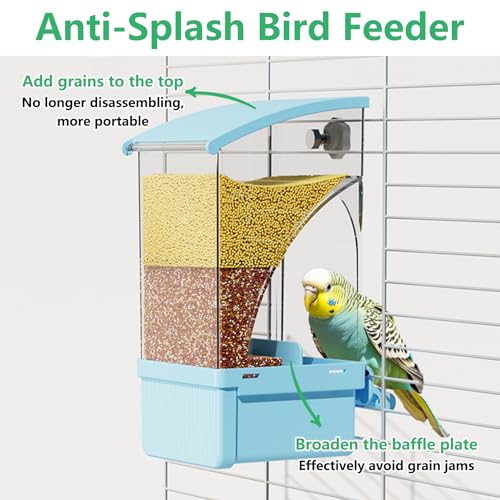 Hamiledyi Automatic Bird Feeder No Mess Bird Cage Feeder Transparent Acrylic Parrot Seed Food Container with Perch Cage Accessories for Parakeet Finch Lovebirds Budgies Canary (Blue) - color: Blue Transparent